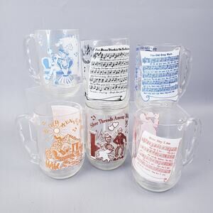 Vintage Hazel Atlas Glass Mugs Old Time Music Lyrics Set Of Six